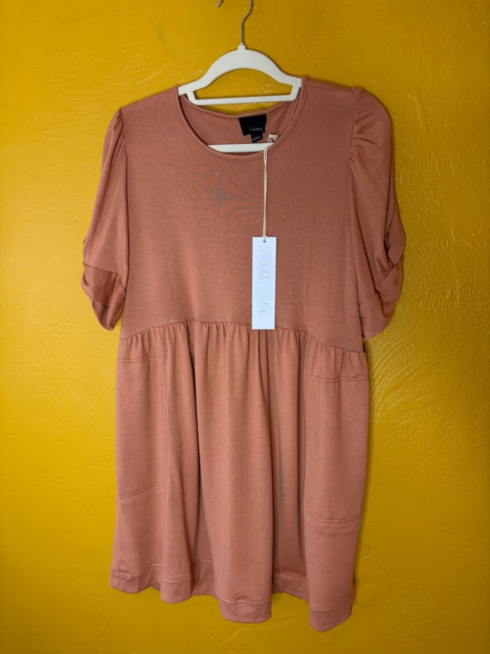 NWT Lumiere Rosewood Mauve Babydoll Mini Dress Puff Sleeve Pockets L